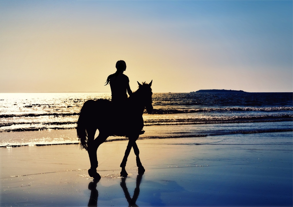 Femme à cheval au coucher du soleil